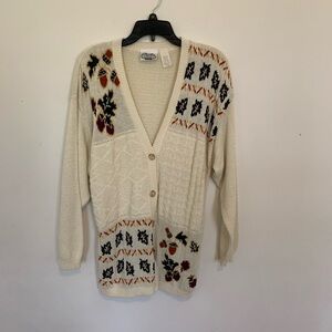 Women's Vintage Cream Acorn Leaf Patterned Sweater Long Cardigan Med
